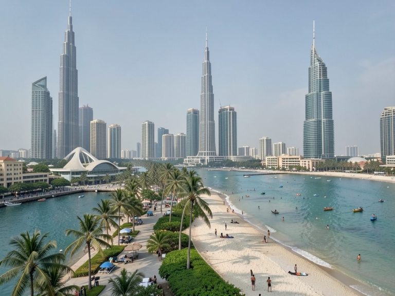 Long-Haul Adventures | Lea's Getaways Dubai-style coastline with luxury beachfront resorts, turquoise waters and a modern city skyline, showcasing long-haul holiday destinations.